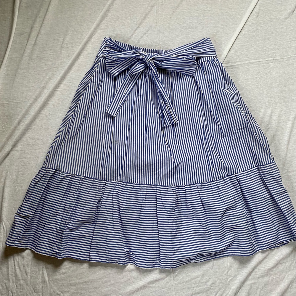 JCrew White and Blue Stripe A-Line Front Tie Skirt Size 0